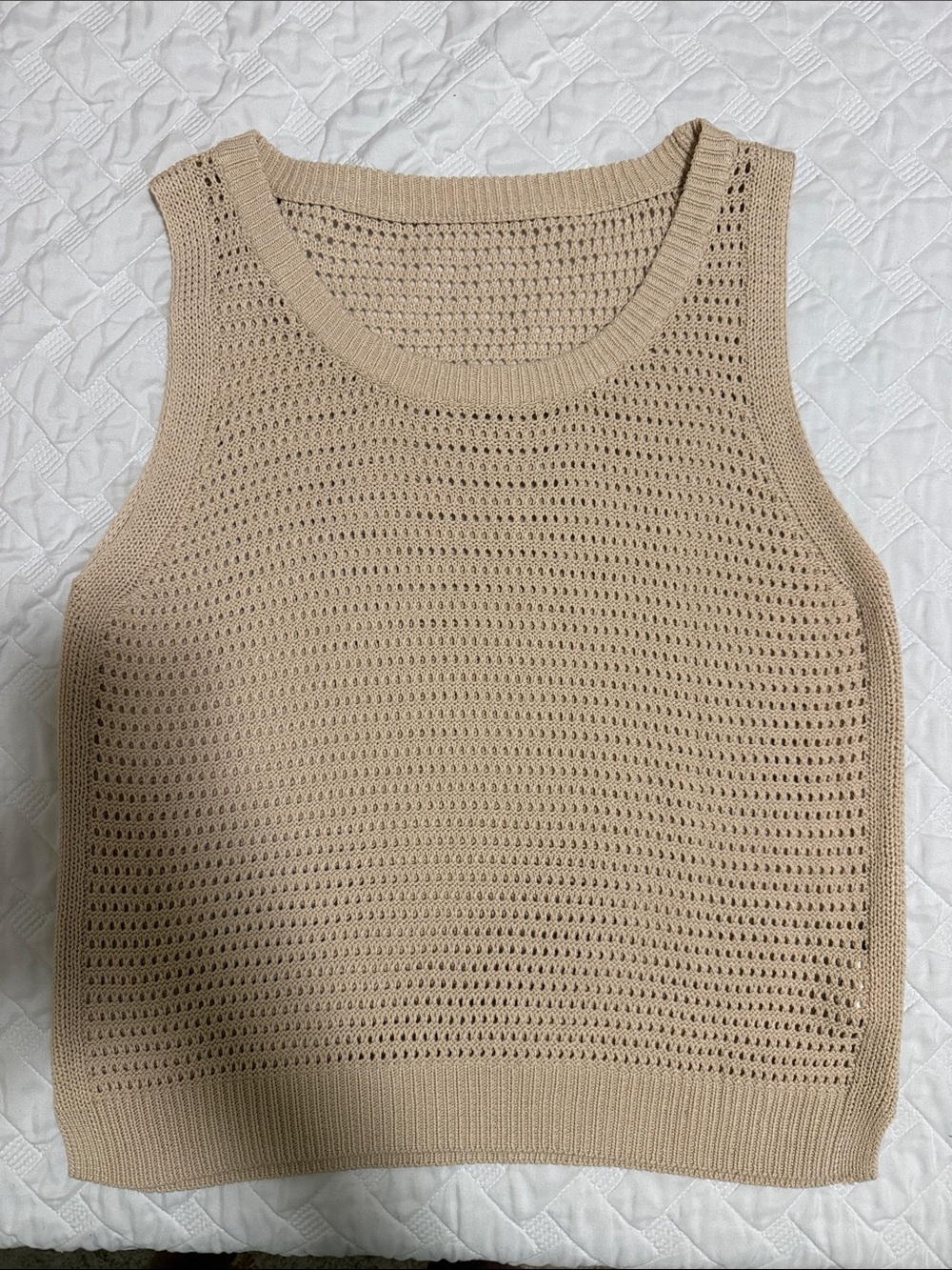 Beige Sleeveless Crocheted Knit Tank Top